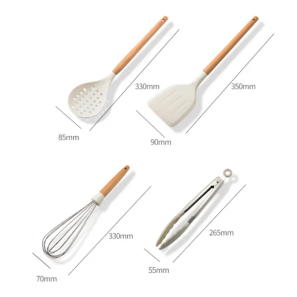 White Silicone Utensil Set Wooden Handle