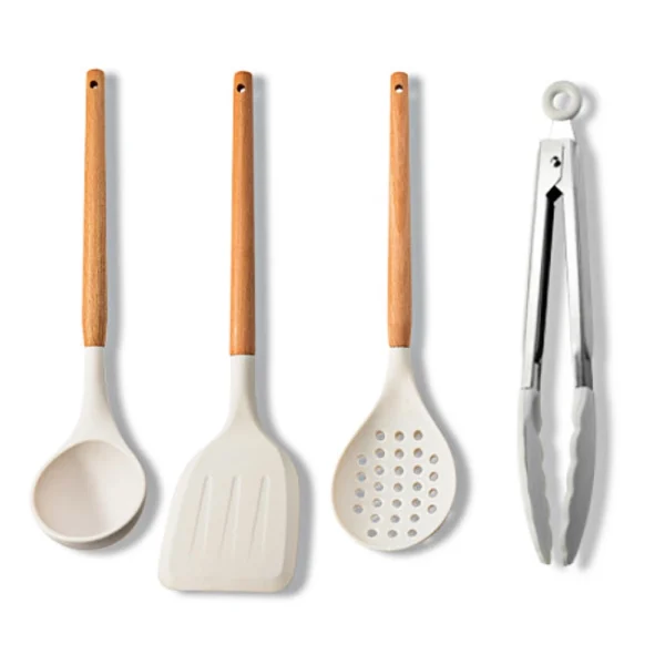 White Silicone Utensil Set Wooden Handle