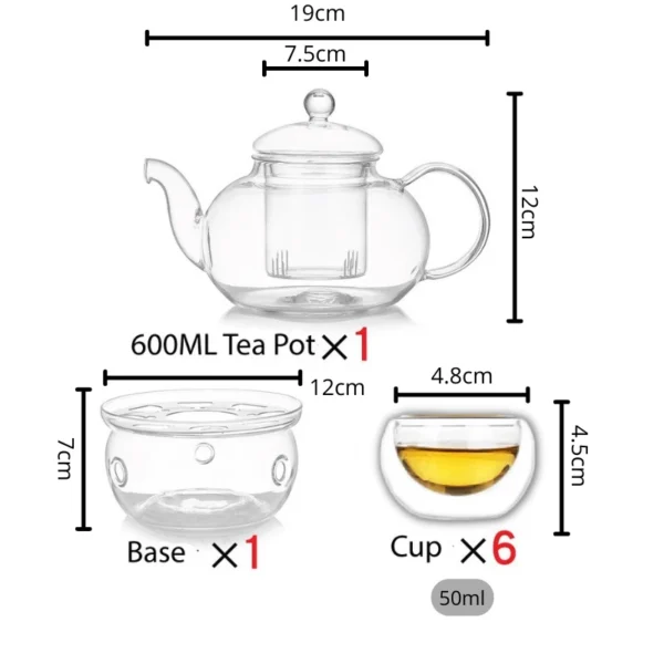 Glass Flower Teapot Set 6 Cups Base W19cm H12cm