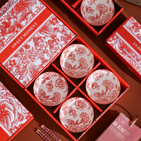 Japanese Red Rose Ceramic Bowl Set