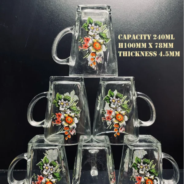 Floral Glass Mug Set 240ml 6pcs W7.8cm H10cm