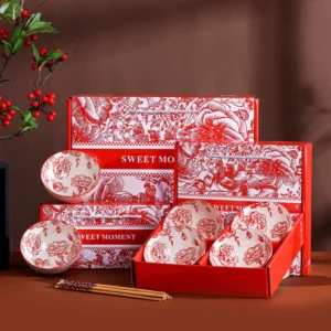 Japanese Red Rose Ceramic Bowl Set