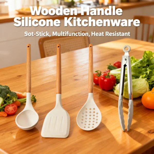 White Silicone Utensil Set Wooden Handle